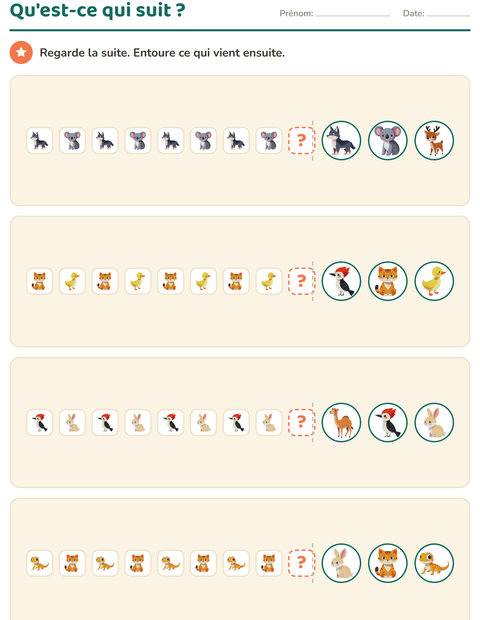Aperçu de la fiche Suites logiques avec Animaux pour École maternelle (grande section, 5-7 ans)