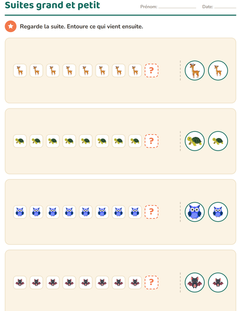 Aperçu de la fiche Suites logiques avec Animaux pour École maternelle (grande section, 5-7 ans)