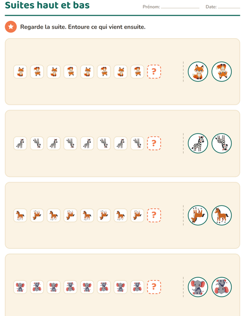 Aperçu de la fiche Suites logiques avec Animaux pour École maternelle (grande section, 5-7 ans)