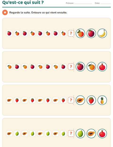 Aperçu de la fiche Suites logiques avec Fruits pour École maternelle (grande section, 5-7 ans)