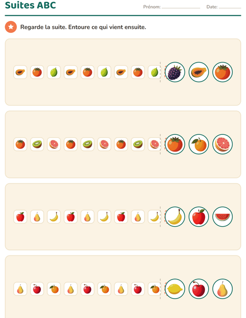 Aperçu de la fiche Suites logiques avec Fruits pour École maternelle (grande section, 5-7 ans)