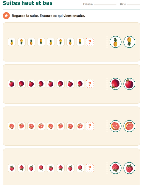 Aperçu de la fiche Suites logiques avec Fruits pour École maternelle (grande section, 5-7 ans)