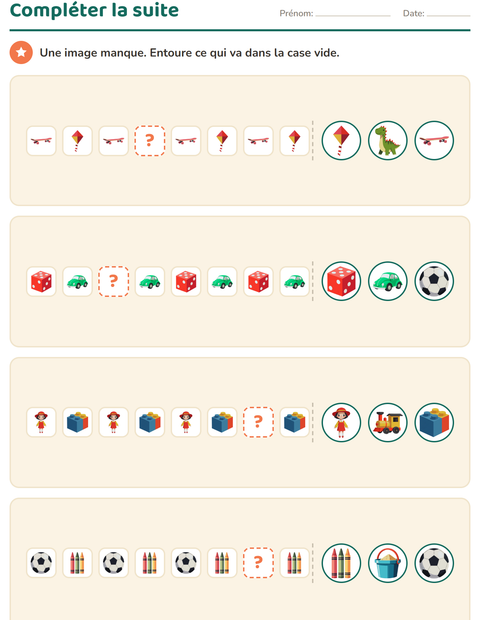 Aperçu de la fiche Suites logiques avec Jouets pour École maternelle (grande section, 5-7 ans)