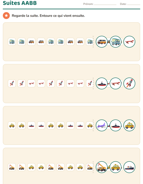 Aperçu de la fiche Suites logiques avec Véhicules pour École maternelle (grande section, 5-7 ans)
