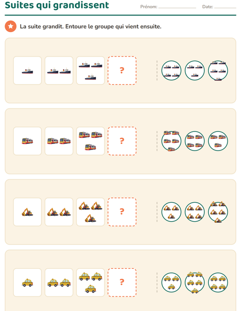 Aperçu de la fiche Suites logiques avec Véhicules pour École maternelle (grande section, 5-7 ans)