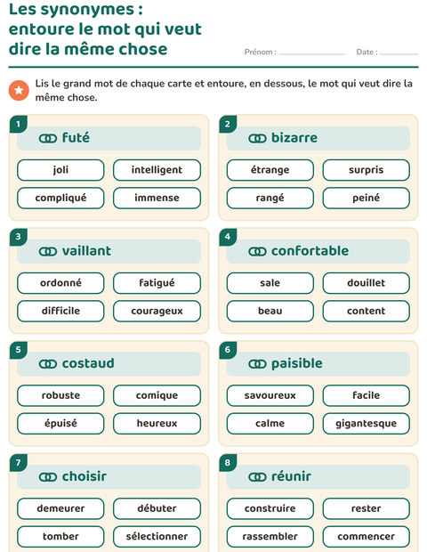 Aperçu de la fiche Les synonymes pour CE1 (cours élémentaire 1)