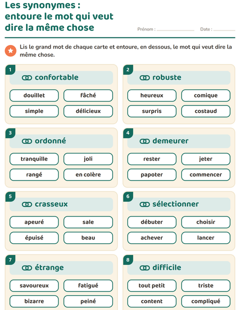 Aperçu de la fiche Les synonymes pour CE1 (cours élémentaire 1)