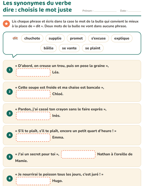 Aperçu de la fiche Les synonymes pour CE1 (cours élémentaire 1)