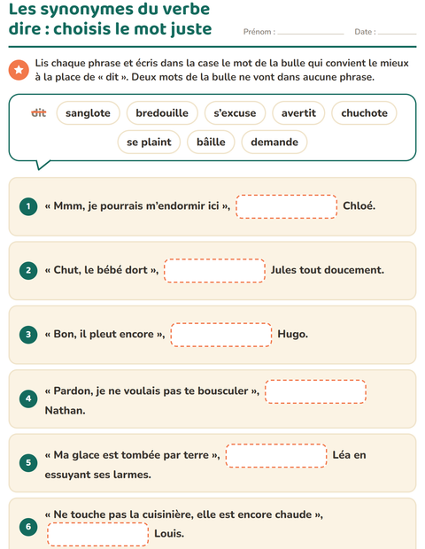 Aperçu de la fiche Les synonymes pour CE1 (cours élémentaire 1)