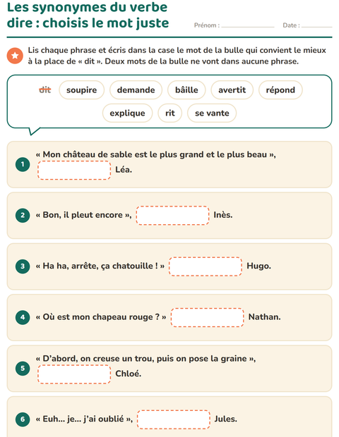 Aperçu de la fiche Les synonymes pour CE1 (cours élémentaire 1)