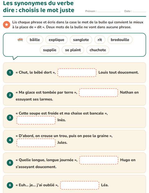 Aperçu de la fiche Les synonymes pour CE1 (cours élémentaire 1)