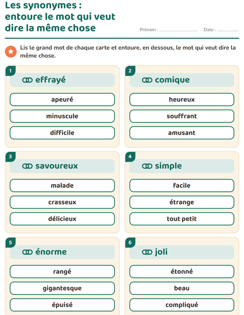 Aperçu de la fiche Les synonymes pour CE1 (cours élémentaire 1)