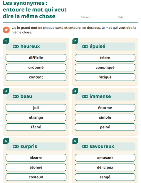 Aperçu de la fiche Les synonymes pour CE1 (cours élémentaire 1)