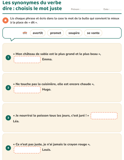 Aperçu de la fiche Les synonymes pour CE1 (cours élémentaire 1)