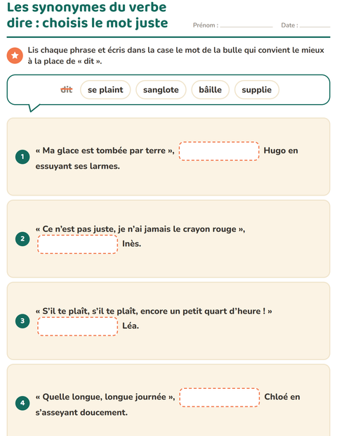 Aperçu de la fiche Les synonymes pour CE1 (cours élémentaire 1)