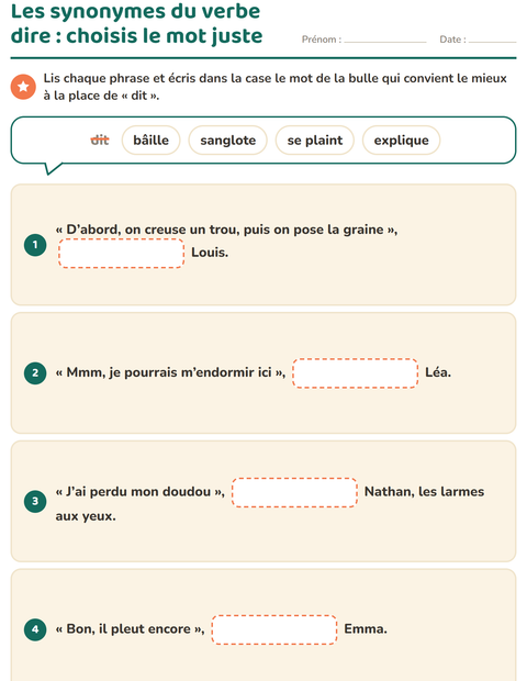 Aperçu de la fiche Les synonymes pour CE1 (cours élémentaire 1)