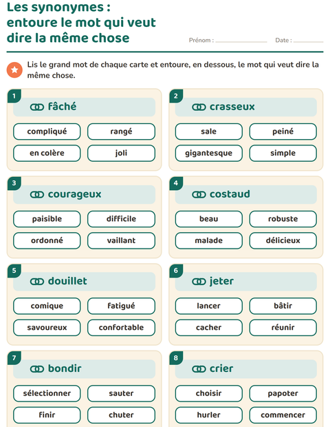 Aperçu de la fiche Les synonymes pour CE1 (cours élémentaire 1)