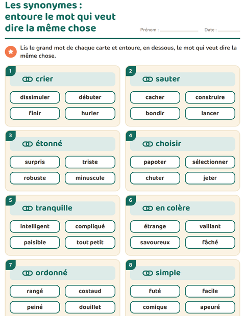 Les synonymes : entoure le mot qui veut dire la même chose