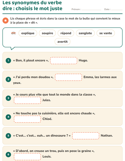 Aperçu de la fiche Les synonymes pour CE1 (cours élémentaire 1)