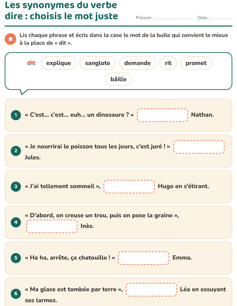 Aperçu de la fiche Les synonymes pour CE1 (cours élémentaire 1)