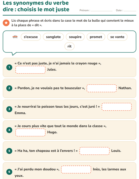 Aperçu de la fiche Les synonymes pour CE1 (cours élémentaire 1)
