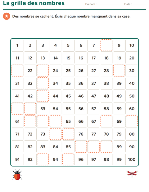 Aperçu de la fiche Tableau des nombres avec Choses qui volent pour CP (cours préparatoire)