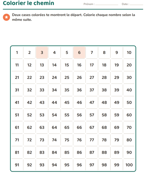 Aperçu de la fiche Tableau des nombres pour CP (cours préparatoire)