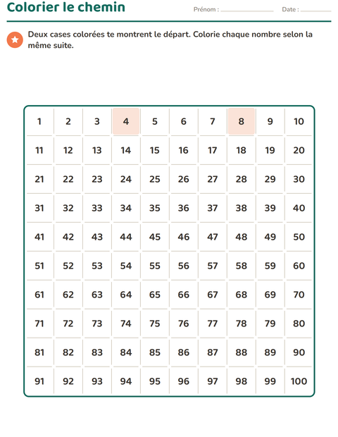 Aperçu de la fiche Tableau des nombres pour CP (cours préparatoire)