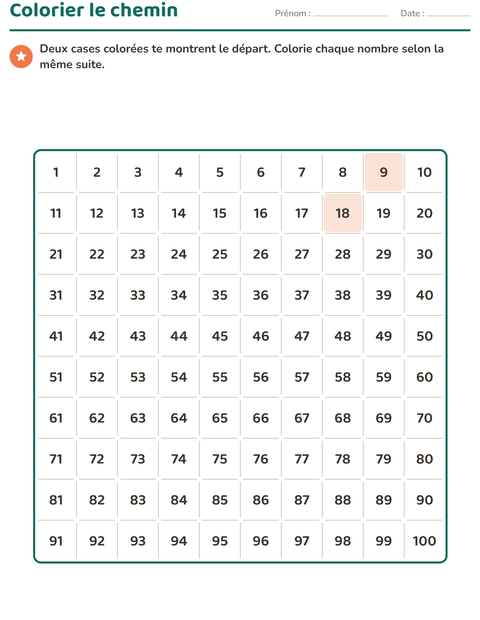 Aperçu de la fiche Tableau des nombres pour CP (cours préparatoire)