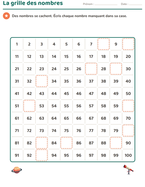Aperçu de la fiche Tableau des nombres avec Espace pour CP (cours préparatoire)