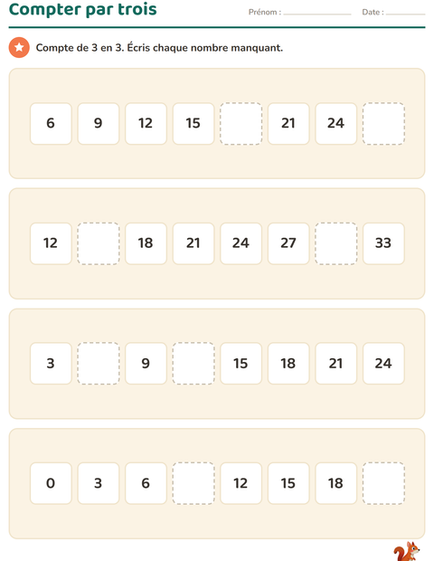 Aperçu de la fiche Tableau des nombres avec Camping pour CE1 (cours élémentaire 1)