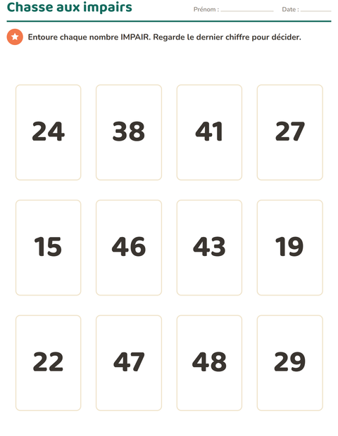 Aperçu de la fiche Tableau des nombres pour CE1 (cours élémentaire 1)