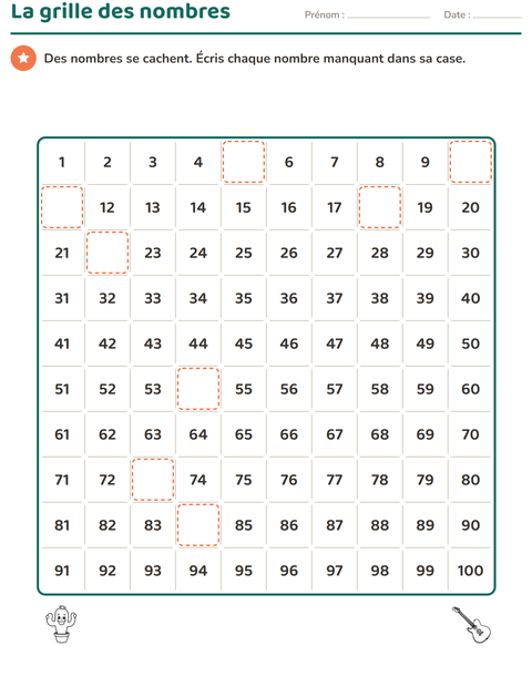 Aperçu de la fiche Tableau des nombres avec Jouets NB pour CP (cours préparatoire)