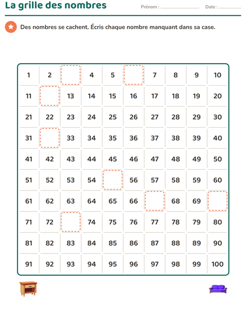 Aperçu de la fiche Tableau des nombres avec Meubles pour CP (cours préparatoire)