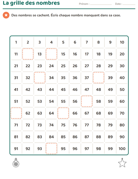 Aperçu de la fiche Tableau des nombres avec Noël N&B pour CP (cours préparatoire)