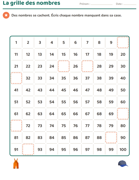 Aperçu de la fiche Tableau des nombres avec Vêtements pour CP (cours préparatoire)