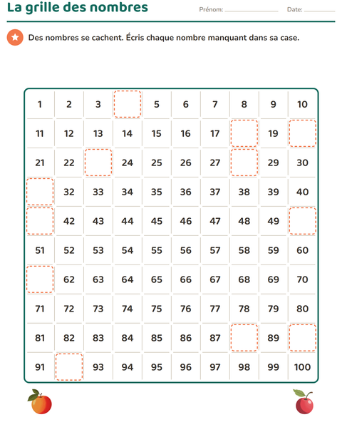 Aperçu de la fiche Tableau des nombres avec Fruits pour CP (cours préparatoire)