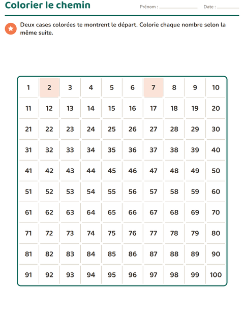 Aperçu de la fiche Tableau des nombres pour CP (cours préparatoire)