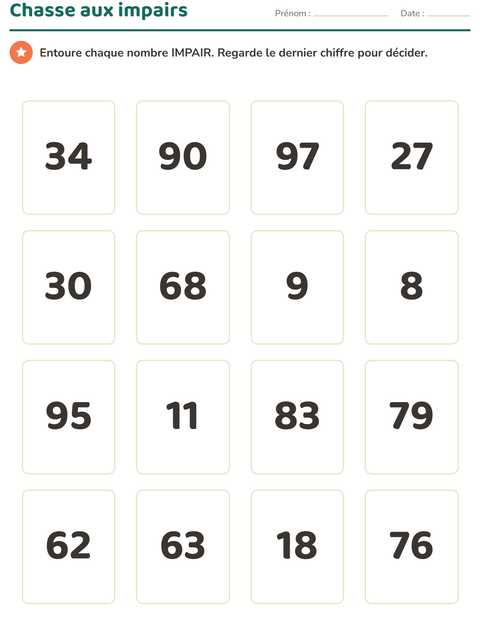 Aperçu de la fiche Tableau des nombres pour CE1 (cours élémentaire 1)