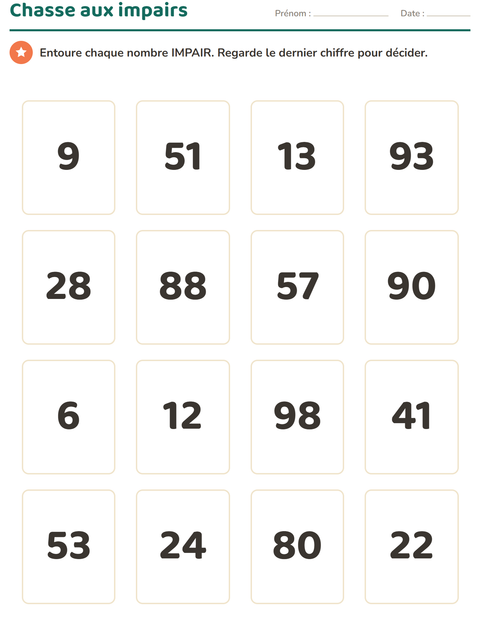Aperçu de la fiche Tableau des nombres pour CE1 (cours élémentaire 1)