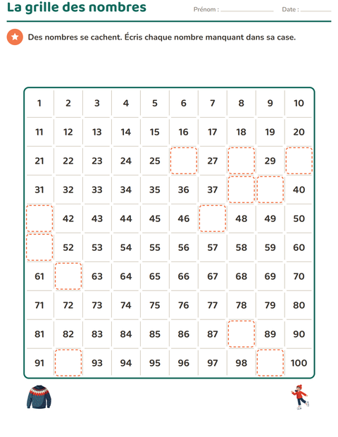 Aperçu de la fiche Tableau des nombres avec Hiver pour CP (cours préparatoire)