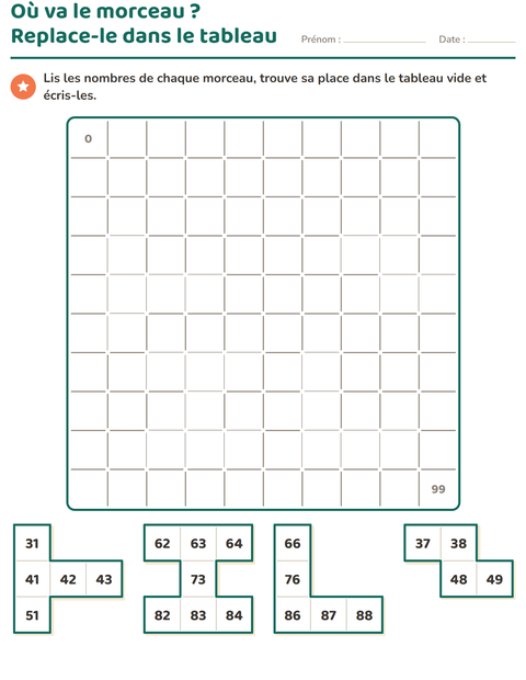 Aperçu de la fiche Tableau des nombres : morceaux pour CP (cours préparatoire)