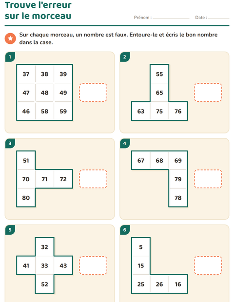Aperçu de la fiche Tableau des nombres : morceaux pour CP (cours préparatoire)