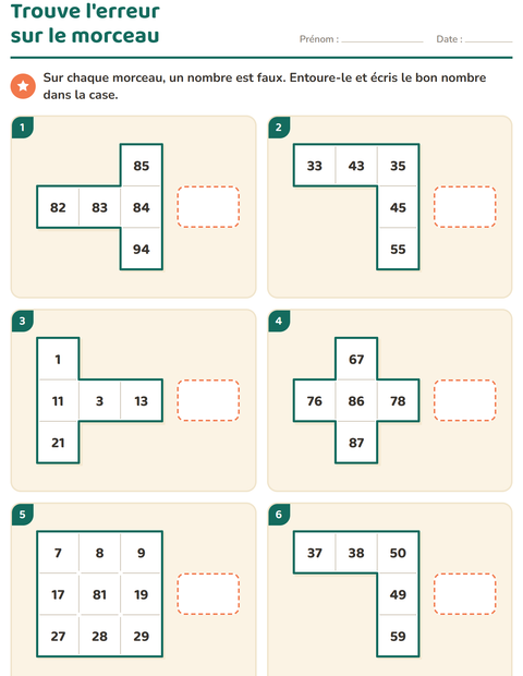 Aperçu de la fiche Tableau des nombres : morceaux pour CP (cours préparatoire)