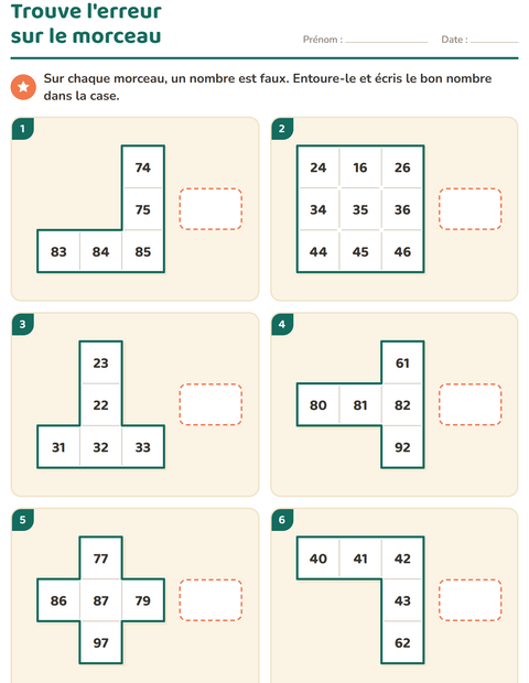 Aperçu de la fiche Tableau des nombres : morceaux pour CP (cours préparatoire)