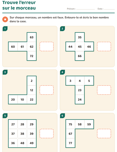 Aperçu de la fiche Tableau des nombres : morceaux pour CP (cours préparatoire)