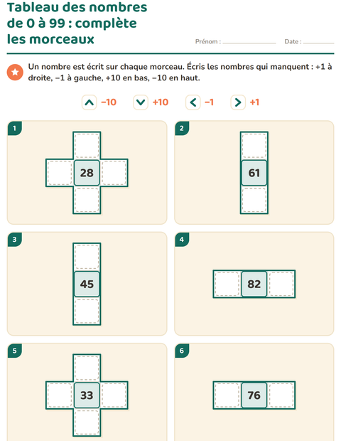 Aperçu de la fiche Tableau des nombres : morceaux pour CP (cours préparatoire)