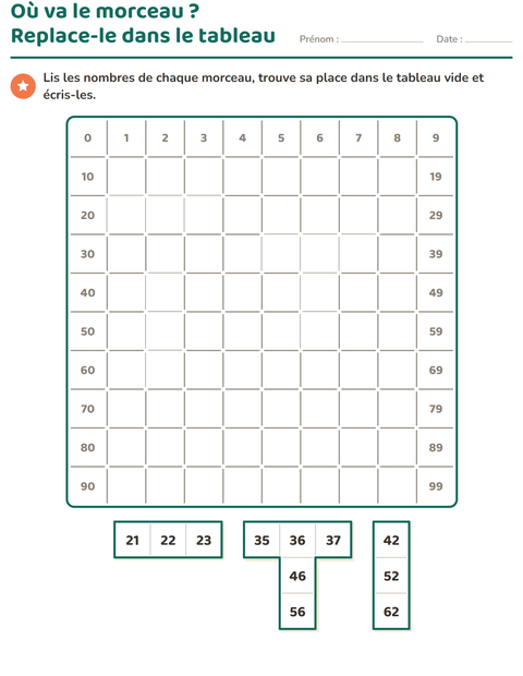 Aperçu de la fiche Tableau des nombres : morceaux pour CP (cours préparatoire)