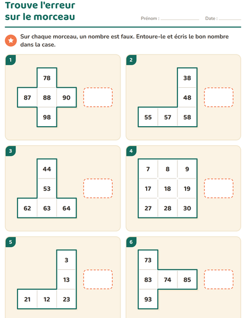 Aperçu de la fiche Tableau des nombres : morceaux pour CP (cours préparatoire)