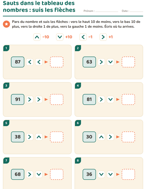 Aperçu de la fiche Tableau des nombres : morceaux pour CE1 (cours élémentaire 1)